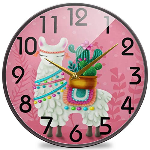 Naanle Cute Llama with Cactus Pink Round Wall Clock, 9.5 Inch Silent Battery Operated Quartz Analog Quiet Desk Clock for Home,Office,School