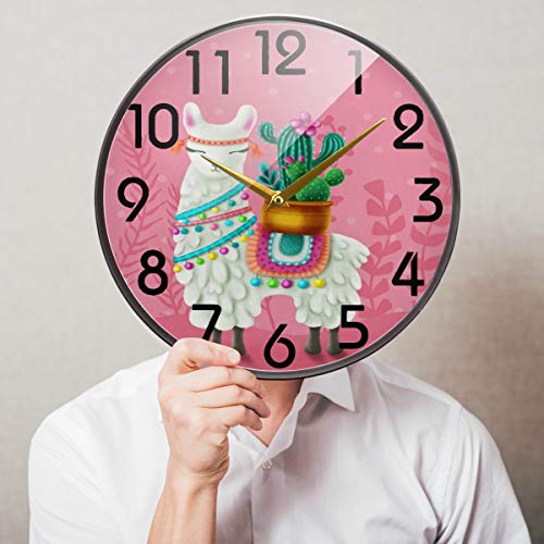 Naanle Cute Llama with Cactus Pink Round Wall Clock, 9.5 Inch Silent Battery Operated Quartz Analog Quiet Desk Clock for Home,Office,School