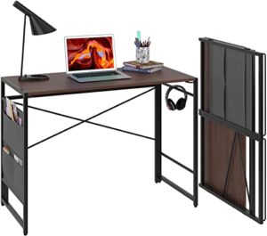 yomt foldable desks for small spaces,small folding writing computer desk table with storage bag,portable desks for home office,brown