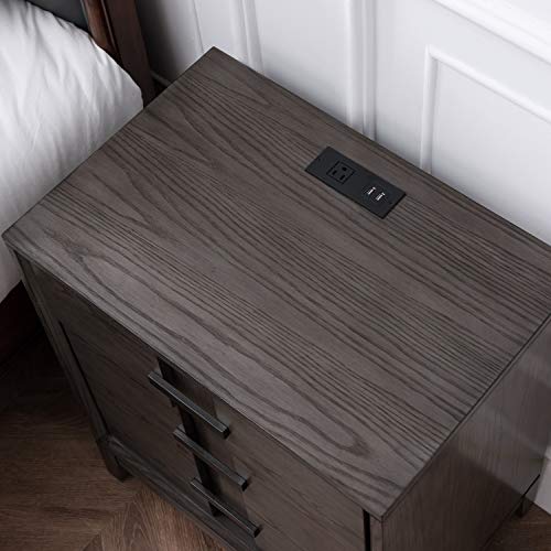 Leick Home 9075 Assembled Recessed Drawer and Bottom Door Nightstand Side Table with AC/USB Charger, Gray