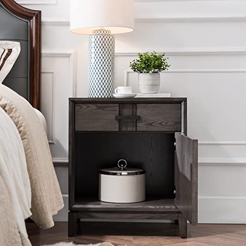 Leick Home 9075 Assembled Recessed Drawer and Bottom Door Nightstand Side Table with AC/USB Charger, Gray