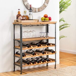 glitzhome rustic wine rack 5-tier free standing floor wine rack for wine bottles and glasses 21-bottle stackable capacity wine storage shelves with glass holder wood wine rack for kitchen bar pantry