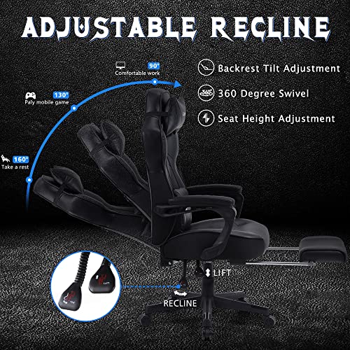 Zeanus Gaming Chairs with Footrest Recliner Computer Chair for Adults Massage Gaming Chair Big and Tall Gaming Chair Ergonomic Office Gamer Chair for Heavy People Recliner Racing Gaming Chair Black