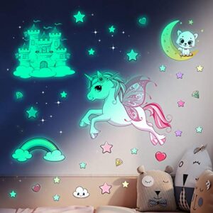 Glow in The Dark Stars Stickers for Ceiling,Unicorn Room Wall Decor for Girls Bedroom Decor,Kids Wall Stickers Unicorn Wall Decals for Girls Room Decor