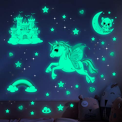 Glow in The Dark Stars Stickers for Ceiling,Unicorn Room Wall Decor for Girls Bedroom Decor,Kids Wall Stickers Unicorn Wall Decals for Girls Room Decor