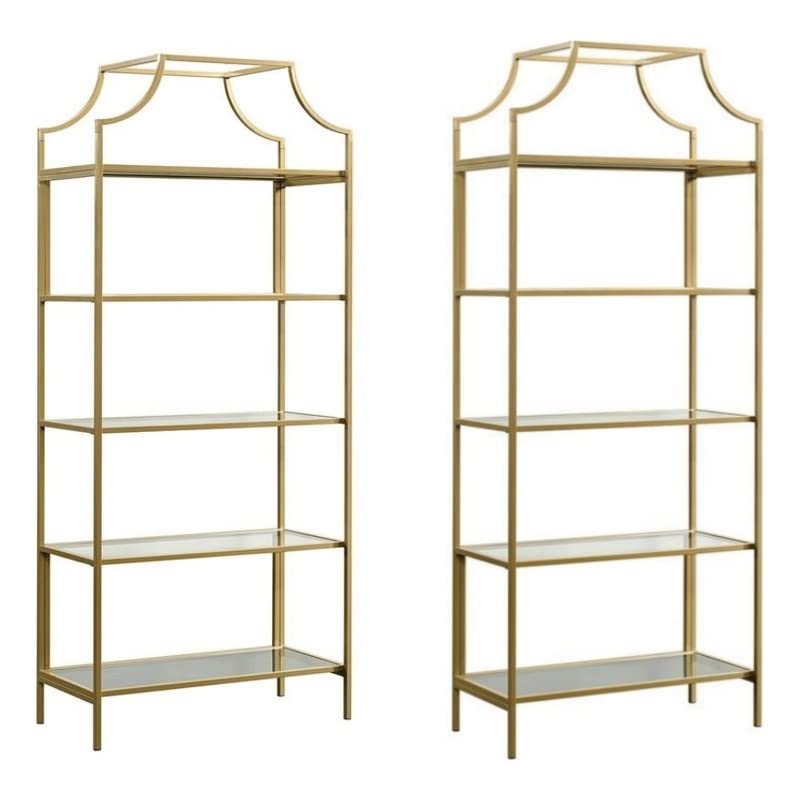 Home Square 2 Piece 5 Shelf Metal Framed Bookcase Set in Satin Gold