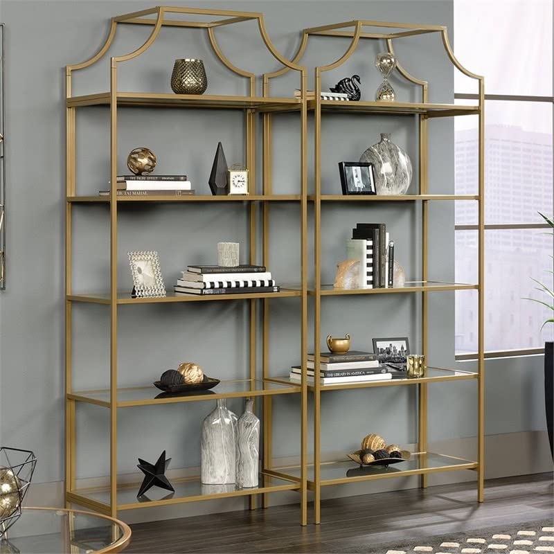 Home Square 2 Piece 5 Shelf Metal Framed Bookcase Set in Satin Gold