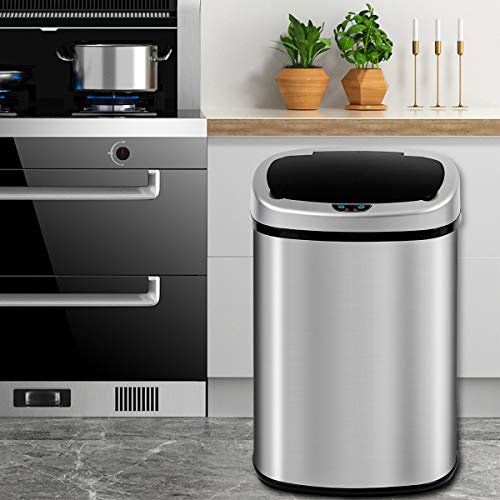 13 Gallon Kitchen Trash Can Garbage Can Waste Bin with Lid Automatic Touchless Stainless Steel Durable Trash Can for Home Office Living Room Bedroom, 50 Liter, Black