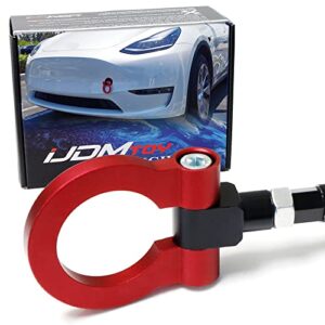 ijdmtoy red track racing style front bumper tow hook ring compatible with tesla 2017-up model 3, 2020-up model y, made of light weight cnc aluminum
