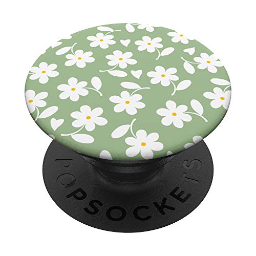 Matcha Green - White Daisy Flower Floral Heart Leaves PopSockets Swappable PopGrip