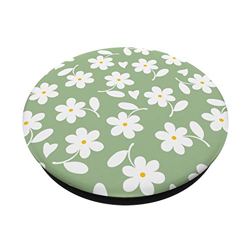 Matcha Green - White Daisy Flower Floral Heart Leaves PopSockets Swappable PopGrip