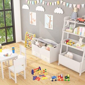 Timy Wooden Toy Box with Bench Seat, Toy Storage Chest with 2 Reversible Baskets and Safety Hinge for Kids, White