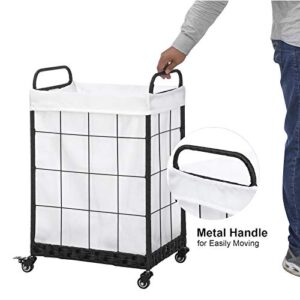 Laundry Hamper with Heavy Duty Rolling Lockable Wheels; Durable Laundry Basket with Detachable Liner Bag; Collapsible Clothes Hamper with Metal Handle (White)