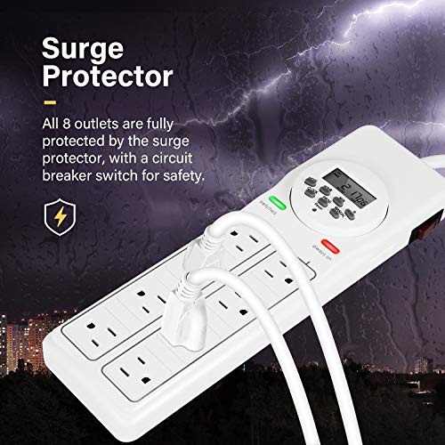 iPower 8-Outlet Power Strip with 7-Day Digital Timer (4 Outlets Timed, 4 Outlets Always On) Surge Protector for Grow Lights, Reptile, Aquarium