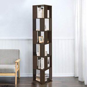 qihang-us 6 tier wooden bookcase corner tall book shelf modern 360° rotating storage display rack floor standing shelves with open design shelving unit for home office living room study, black walnut