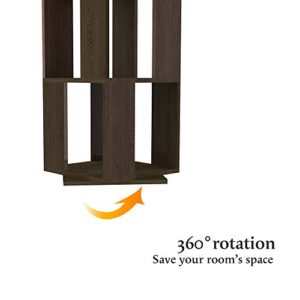 QIHANG-US 6 Tier Wooden Bookcase Corner Tall Book Shelf Modern 360° Rotating Storage Display Rack Floor Standing Shelves with Open Design Shelving Unit for Home Office Living Room Study, Black Walnut