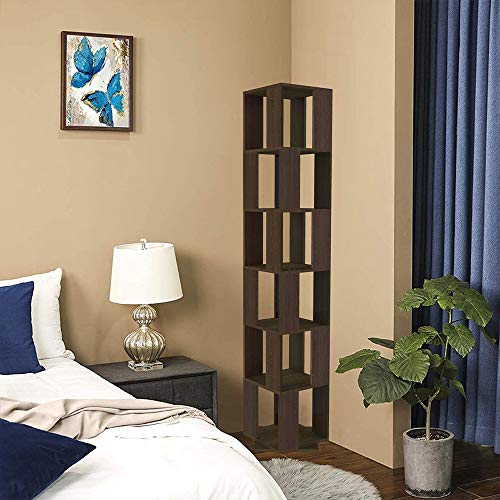 QIHANG-US 6 Tier Wooden Bookcase Corner Tall Book Shelf Modern 360° Rotating Storage Display Rack Floor Standing Shelves with Open Design Shelving Unit for Home Office Living Room Study, Black Walnut