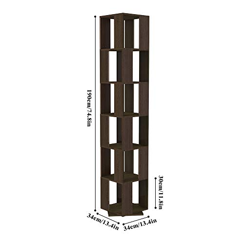 QIHANG-US 6 Tier Wooden Bookcase Corner Tall Book Shelf Modern 360° Rotating Storage Display Rack Floor Standing Shelves with Open Design Shelving Unit for Home Office Living Room Study, Black Walnut