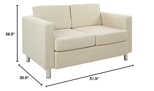 OSP Home Furnishings Pacific Loveseat with Padded Box Spring Seats and Silver Finish Legs, Cream Fabric