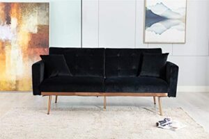 goten convertible futon sofa bed gsb01 (2020) modern velvet sectional sleeper sofa bed loveseat couch with 2 pillows rose gold metal feet detachable armrests for small spaces living room (black)