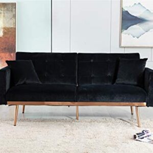 GoTen Convertible Futon Sofa Bed GSB01 (2020) Modern Velvet Sectional Sleeper Sofa Bed Loveseat Couch with 2 Pillows Rose Gold Metal feet Detachable Armrests for Small Spaces Living Room (Black)