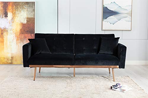 GoTen Convertible Futon Sofa Bed GSB01 (2020) Modern Velvet Sectional Sleeper Sofa Bed Loveseat Couch with 2 Pillows Rose Gold Metal feet Detachable Armrests for Small Spaces Living Room (Black)