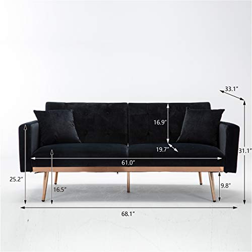 GoTen Convertible Futon Sofa Bed GSB01 (2020) Modern Velvet Sectional Sleeper Sofa Bed Loveseat Couch with 2 Pillows Rose Gold Metal feet Detachable Armrests for Small Spaces Living Room (Black)