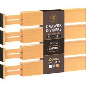 adjustable bamboo drawer dividers organizers - fits standard drawers sized 12.2" upto 17.3"- expandable kitchen drawer organizer separator for utensils, dresser, clothes, bedroom, bathroom 4pk, natural