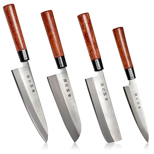 Traditional Japanese Professional Kitchen Chef Knife Set - Premium Gyuto Santoku Nakiri Petty High Corrosion Resistance Full Tang Knife Set