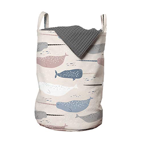 Lunarable Under the Sea Laundry Bag, Hand Drawn Narwhals Whales with Horns Pattern Exotic Mystical Marine Elements, Hamper Basket with Handles Drawstring Closure for Laundromats, 13" x 19", Multicolor