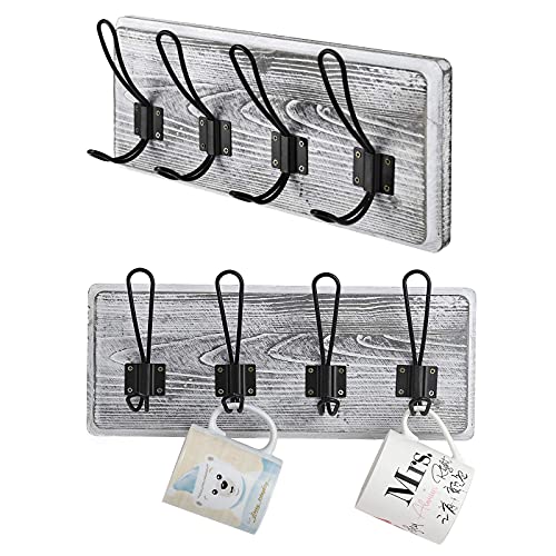 Key Holder for Wall Set of 2, Wall Mounted Coat Racks Wood Rustic Hat Holder with 4 Hooks, Towel Hook Hanger for Entryway Living Room Bedroom Kitchen Bathroom (Gray White)