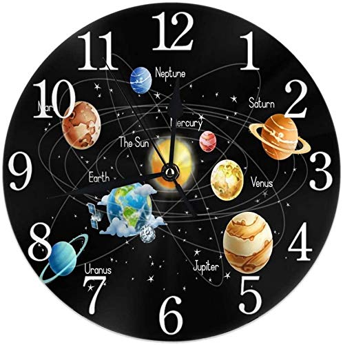 Tenghui Solar System Round Wall Clock Silent Non Ticking Battery Operated Easy to Read for Student Office School Home Decorative Clock Art