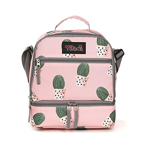 Tilami Lunch Bags Insulated Adjustable Strap Zipper, Two Compartments Cooler Bags, Bento Bags for Kids Toddlers, Cactus