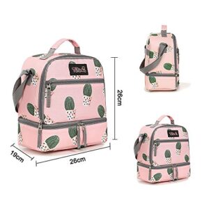 Tilami Lunch Bags Insulated Adjustable Strap Zipper, Two Compartments Cooler Bags, Bento Bags for Kids Toddlers, Cactus