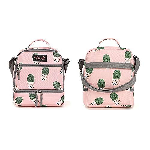 Tilami Lunch Bags Insulated Adjustable Strap Zipper, Two Compartments Cooler Bags, Bento Bags for Kids Toddlers, Cactus