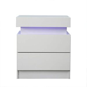 modern led end table & nightstand for bedroom - night table with built in multi-colour led high gloss backlight - bedside cabinet with 2 drawers for living room- particle board (white)