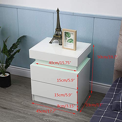 Modern LED End Table & Nightstand for Bedroom - Night Table with Built in Multi-Colour LED High Gloss Backlight - Bedside Cabinet with 2 Drawers for Living Room- Particle Board (White)