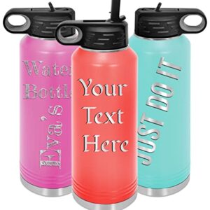 Polar Camel Personalized Water Bottles 32oz with Flip-Top Lid and Straw, Customized Vacuum Insulated Flask, Stainless Steel Sports Double Wall Thermos, Your Logo Name and Text Engraved in USA(Coral)