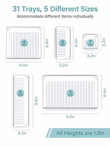 Kootek 31 Pcs Desk Drawer Organizer Set 5-Size Bathroom Drawer Tray Dividers Versatile Storage Bins Plastic Vanity Trays Organizers Divider Container for Dresser Makeup Kitchen Utensil Office