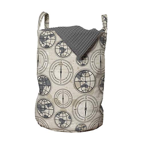 Ambesonne Compass Laundry Bag, World Map Pattern with Aged Background Maritime Directions Continents, Hamper Basket with Handles Drawstring Closure for Laundromats, 13" x 19", Black Grey Tan