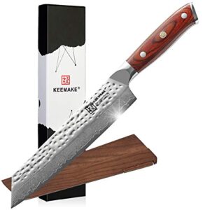 keemake chef knife 8 inch, kiritsuke knife with hammered damascus steel blade kitchen knife, japanese gyutou knife with pakkawood handle chopping knife, meat cutting knife with walnut sheath