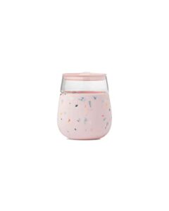 w&p porter portable cocktail glass with protective silicone sleeve, terrazzo blush, 15 ounces, on-the-go, reusable wine tumbler with slide-lock lid, dishwasher safe, 15 oz