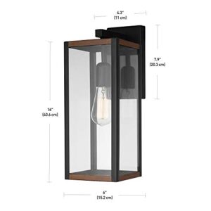 Globe Electric 44681 1-Light Outdoor Indoor Wall Sconce, Matte Black, Faux Wood Accents, Glass Shade, Wall Lighting, Porch Light, Wall Lights for Bedroom, Kitchen Sconces Wall Lighting, Home Décor