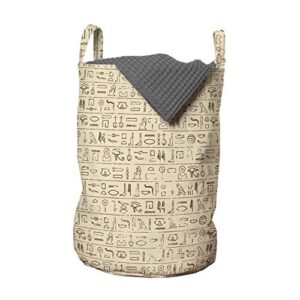 ambesonne egyptian print laundry bag, old dated hieroglyphics language hand written style borders worn look, hamper basket with handles drawstring closure for laundromats, 13" x 19", tan brown