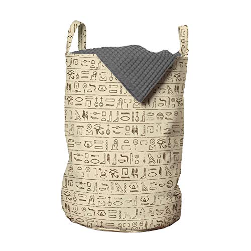 Ambesonne Egyptian Print Laundry Bag, Old Dated Hieroglyphics Language Hand Written Style Borders Worn Look, Hamper Basket with Handles Drawstring Closure for Laundromats, 13" x 19", Tan Brown