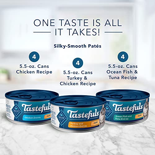 Blue Buffalo Tastefuls Natural Pate Wet Cat Food Variety Pack, Chicken, Turkey & Chicken and Ocean Fish & Tuna 5.5-oz Cans (12 Count - 4 of Each)