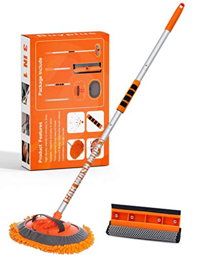 Buyplus Car Wash Brush Mop with 46" Aluminum Alloy Long Handle, 3-in-1 Chenille Microfiber Car Cleaning Kit Brush Duster, Not Hurt Paint Scratch Free Window Squeegee(Orange)