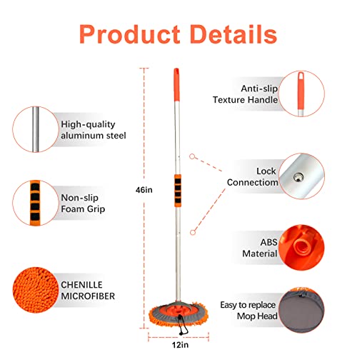 Buyplus Car Wash Brush Mop with 46" Aluminum Alloy Long Handle, 3-in-1 Chenille Microfiber Car Cleaning Kit Brush Duster, Not Hurt Paint Scratch Free Window Squeegee(Orange)