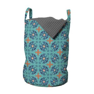 ambesonne orange and turquoise laundry bag, floral motifs with curlicues and swirled lines pattern, hamper basket with handles drawstring closure for laundromats, 13" x 19", orange turquoise