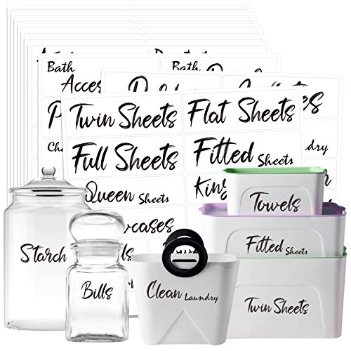 Hebayy 242 Cursive Laundry Room Organization Labels Printed Customizable Waterproof Tear-Resistant Stickers with Perforation Line for Bathroom Laundry Closet Farmhouse Containers Bins